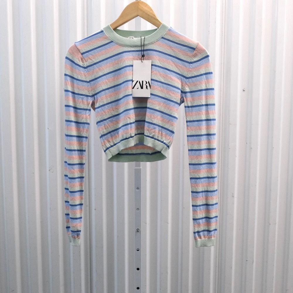 NWT‎ Zara Striped Cropped Sweater Womens Small Multicolor Long Sleeve Knit